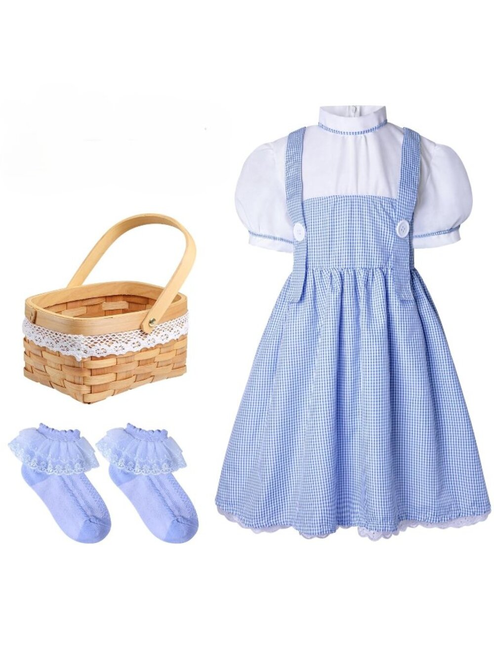 Girls Wizard of OZ Dorothy Blue Plaid Gingham Dress Halloween Costume Set 8-10Y